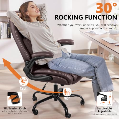 Image of BESTFAIR Office Chair, Executive Computer Desk Chair with Lumbar Support for Lower Back Pain Relief, Ergonomic Leather Home Chair Comfy with Padded Flip-up Arms and Adjustable Armrests, Coffee