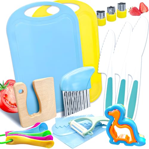 20PCS Kids Knife Set for Real Cooking, Child-Friendly Plastic Toddler Kitchen Tools, Montessori Kids Cooking Sets with Cutting Board Crinkle Cutters, Gifts Toys for 3 4 5 6 7 8 9 10 Year Old