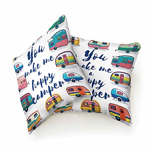 Beabes Pillow Case Cartoon Camping You Make Me A Happy Camper Fun Colorful Trailer Travel Caravan Soft Decorative Set Of 2,Square Home Decor Pillow Covers For Sofa Bedroom Car Couch 18X18 Inch #TOP1