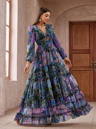 Image of TOLEEN Summer Casual Dresses for Women 2024 Spring Fashion Boho V Neck Long Sleeve Ruffle Floral Print Elegant Maxi Dress