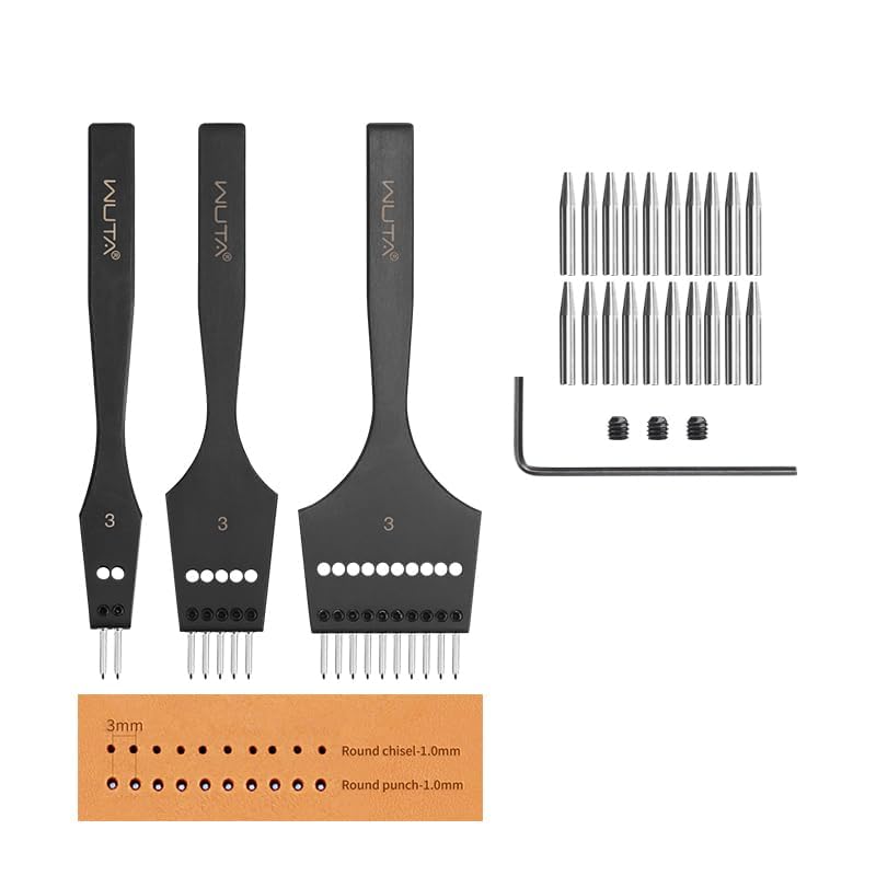 WUTA 3rd Gen Professional Leather Punch Tools, Removable Lacing Stitching Chisel Round Hole Kit for Leather Craft, DIY Belts, Bags, Wallets & Saddlery-3mm(2+5+10) Hole