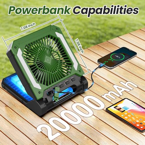 20000mAh-Rechargeable-Solar-Camping-Fan-with-Led-Lantern-3-Speeds-Cordless-Battery-Powered-Portable-Fan-with-PowerBankTimer-Hanging-Hook-Quiet-Desk-Fan-for-Tent-Hurricane-Worksite-Green