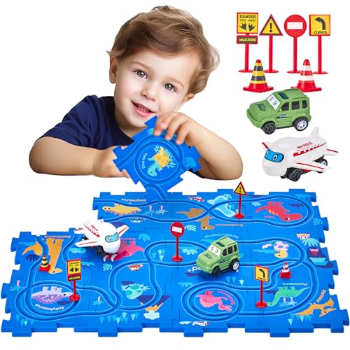 hahaland Puzzle Racer Kids Car Track Set - 5x5 Inches Larger Size of Each Piece Toys for Ages 2-4 for Kids 3 Year Old Boy Toys for 3-5 Birthday Gifts