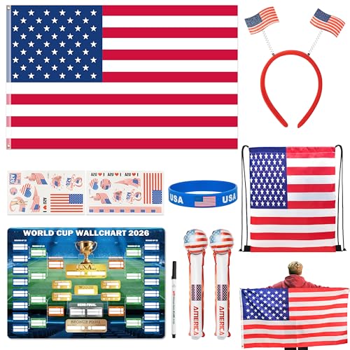 2026 World Cup Merch Soccer Fan Set Includes 10pcs Country Supporter Kit with Flag Headband, 2 Thunder Sticks,Flag,Wristband,Drawstring Bag,Dry Erase Schedule Poster & Pen