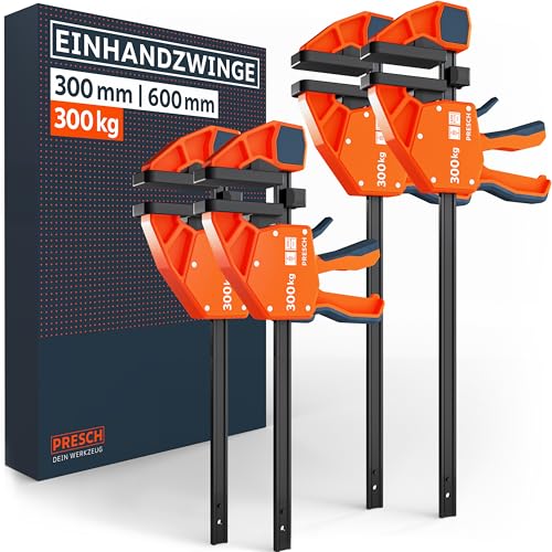 PRESCH Einhandzwingen 300mm & 600mm 4 Stk. - Zwingen Set mit 300kg Spannkraft für schnelles Fixieren - Robuste Schnellspannzwingen dank Carbonstahl & glasfaserverstärktem Gehäuse - Mit Spreizfunktion