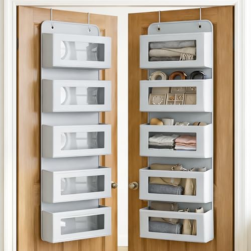 Image of CLAPONE Over the Door Organizer /Large Pockets - Anti-Tilt Hanging Storage for Bedroom /Closet Door Storage /Bathroom /Pantry /Nursery /Bedroom (Grey, 5 Shelf Hanging Door)
