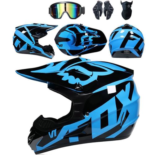 SMTSEC Casque De Moto pour Jeunes Casque De Motocross Adultes Enfants Casques De Cross Casque De Moto Enduro Casque VTT Intégral Certifié Dot avec Lunettes Masque Gants Casque De Descente,Blue/A-L