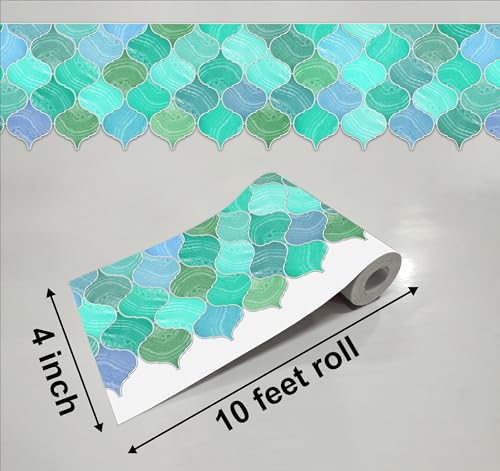 Image of WallDesign Mosaic Lantern Blue Green Shades - 4 in X 10 Feet Self-Adhesive Wallpaper Border Sticker for Kitchen Backsplash, Furniture, Wall, Cupboard, Staircase