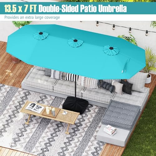 Image of Tangkula 13FT Double-sided Patio Umbrella, Extra Large Twin Table Umbrella with Crank Handle, Umbrella Base, Safety Lock, Air Vent, Outdoor Market Umbrella for Garden Pool Backyard (Turquoise)