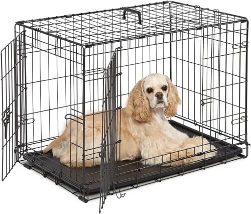 JupiterJx Metal Dog Crate Cage, Foldable Puppy Pet Cage With 2 Doors Easy Clean, Durable Dog Cage With Carrier Handle & Chew Resistant Plastic Base Tray For Dog Puppy Training (Black, 30")