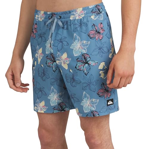 Quiksilver Men's Swimwear Regular Fit Stretchable Comfort Liner Swim Trunks, Floral Design - Blue Shadow, Medium
