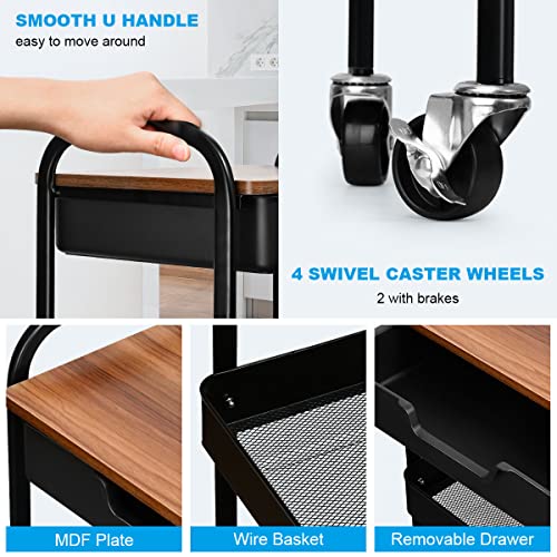 Aratan Utility Rolling Cart With Table Top, 3 Tier Metal Storage Cart With Drawer, Kitchen Organizer Cart With Handle And Locking Wheels For Bathroom Office Balcony Living Room (Black) #TOP1