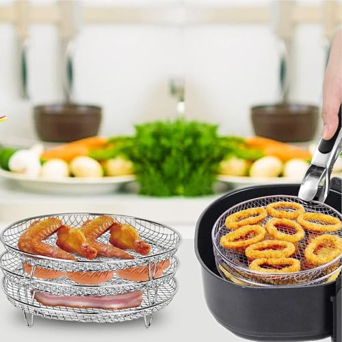 Luftfritteuse Korb, Air Fryer Rack, Runder Air Fryer Stand, 3 Schicht Stapelbar Heißluftfritteuse Edels-tahl Korb, Airfryer Grill Rack Mit Edelstahlclip, Ölpinsel, Heißluftfritteuse Zubehör Rund – Bild 4