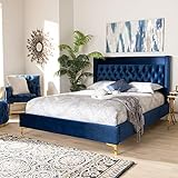 Baxton Studio Valery Modern and Contemporary Navy Blue Velvet Fabric Upholstered King Size Platform Bed with Gold-Finished Legs