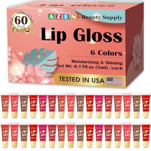 AZEN 60 Pack Lip Gloss Set, Color Lip Oil for Dry Cracked Lips Moisturizing Hydrating Nourishing with Vitamin E, Valentines Gifts Easter Basket Stuffers