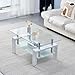 Living Room Rectangle Coffee Table, Tea Table Suitable for Waiting Room, Modern Side Coffee Table with Wooden Leg, Glass Tabletop with Lower Shelf, Marble