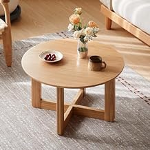 100% Solid Oak Wood Round Coffee Table, 2-Tier Retro Cross Base Design, Center Table for Small Living Room, 27.6" L x 27.6" W x 16.7" H Log Color