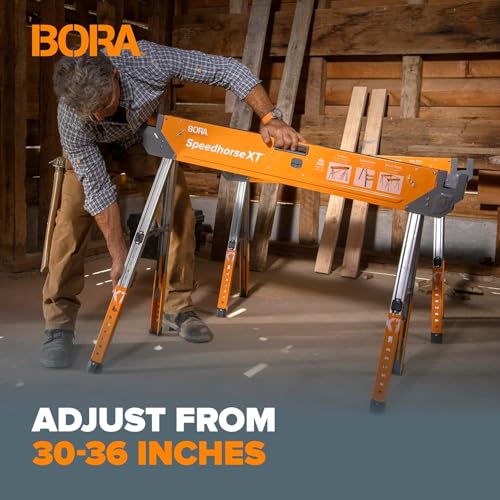 Bora Portamate Speedhorse XT Sawhorse Pair- Two pack, 30-36 inch height adjustable Legs, Metal Top for 2x4, Heavy Duty Pro Bench Saw Horse for Contractors, Carpenters - PM-4550T,Orange - Image 8