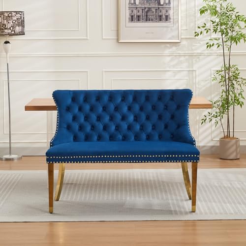 Image of 45.6''Velvet Dining Bench, Button Tufted Upholstered Dining Table Bench with Wing Highback, Nailhead Decoration, Small Loveseat Sofa with Gold-Plated Steel Legs, Mid Century Modern Seating, Blue