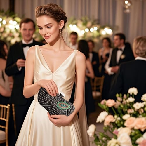 Image of Peacock Evening Handbag Beaded Sequin Clutch Purses for Women Party
