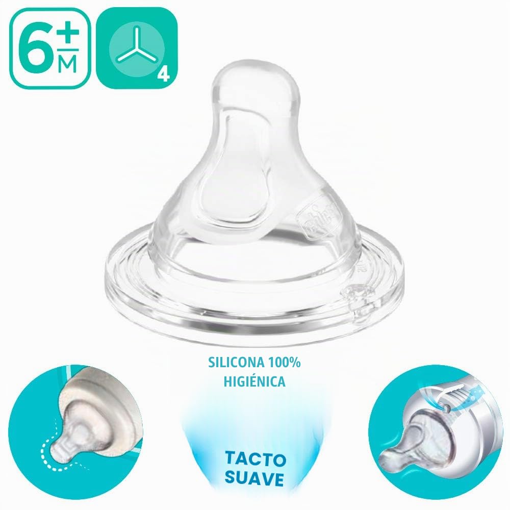 Chicco Perfect-5 - Juego de 4 tetinas de silicona Soft Sense, tamaño X Food Brei 6 meses + fabricado en Italia
