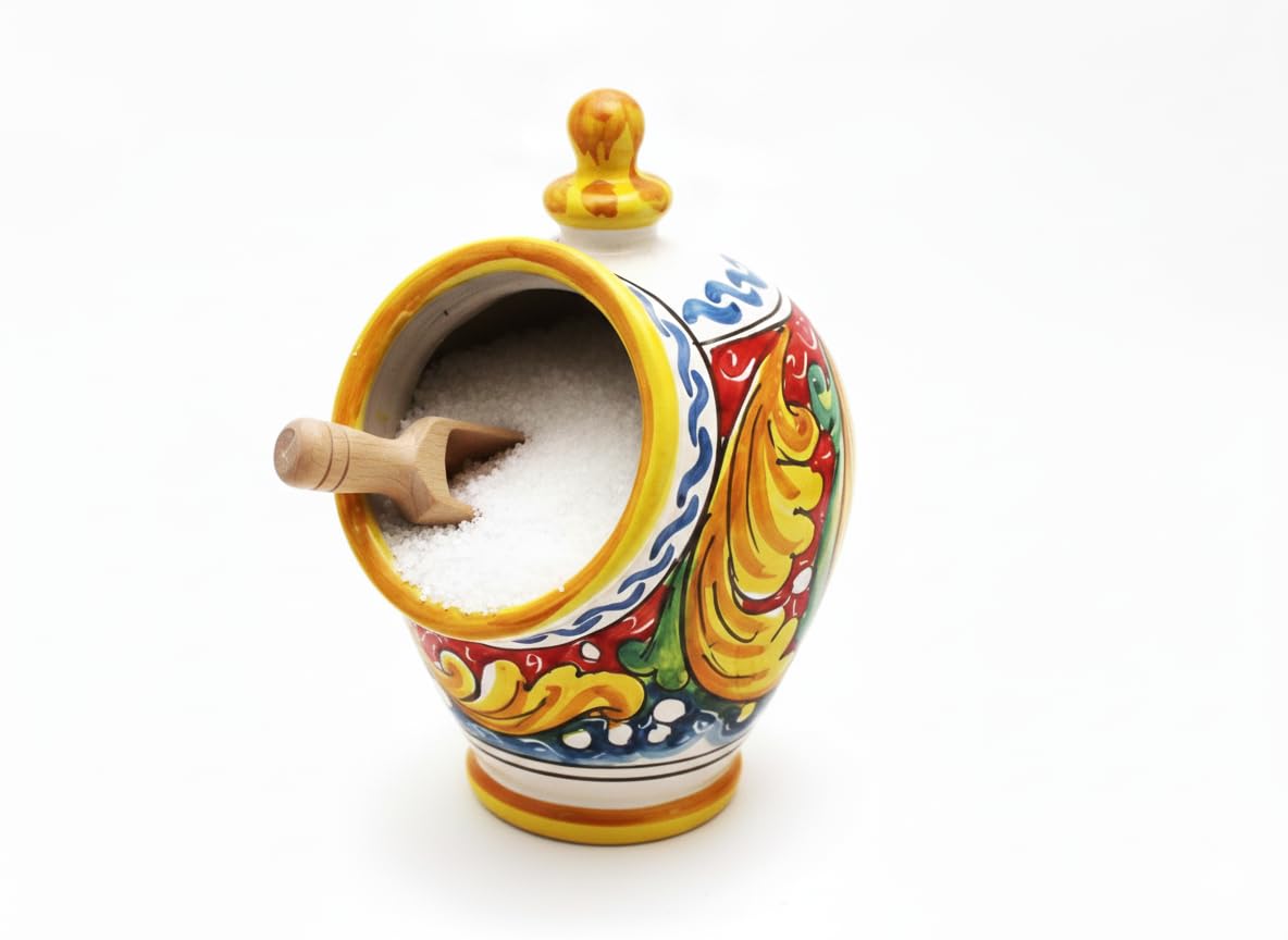 ILAB Saliera in ceramica decorata a mano da ceramisti siciliani di Santo Stefano di Camastra fiore rosso art 15