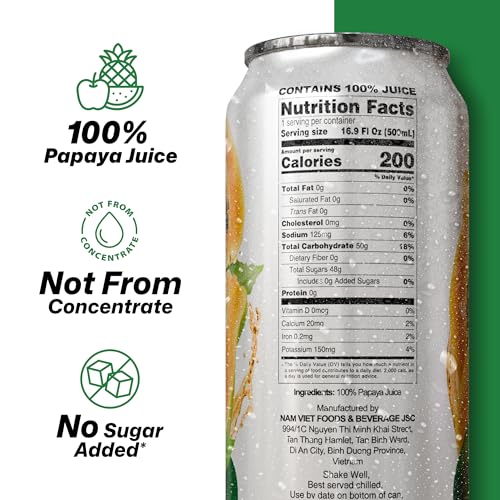 Image of VINUT 100% Papaya Juice, No Added Sugar, Not From Concentrate, 16.9 fl oz (500 mL) Can, Pack of 12
