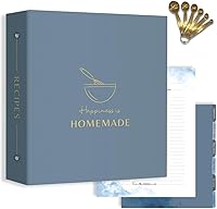 Dusty Blue Italian Leather Recipe Binder with Gold Measuring Spoons, 50 Sheet Protectors & 30 Cards - RJL Living 3-Ring Organizer