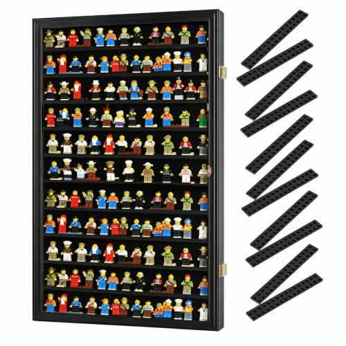 Image of DisplayGifts Building Block Toy Minifigures Miniatures Thimble Display Case Wall Cabinet Standing Plates Included, 2.25 inch Shelf Height UV Protection Door Black Finish Frame