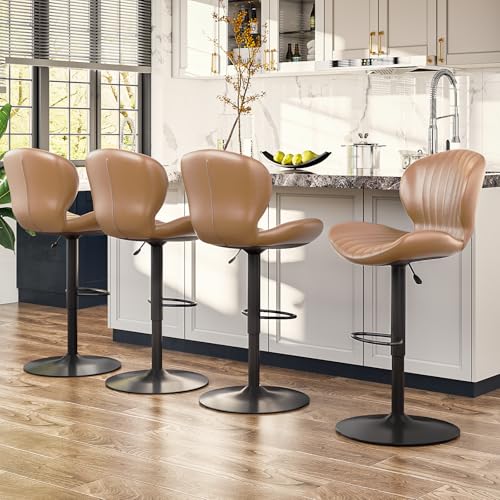 Image of Waleaf Modern Adjustable Bar Stools Set of 4, Faux Leather Upholstered Swivel Counter Stools, Counter Height Bar Stools with Large Base, Easy 5 Minute Assembly for Kitchen Island