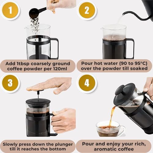 Image of French Press Coffee & Tea Maker 350ml | Heat‑Resistant Borosilicate Glass | 3‑Level Stainless Steel Filtration | Smooth Grit‑Free Brew | Durable Plastic Frame & Handle | Makes 1-2 Cups