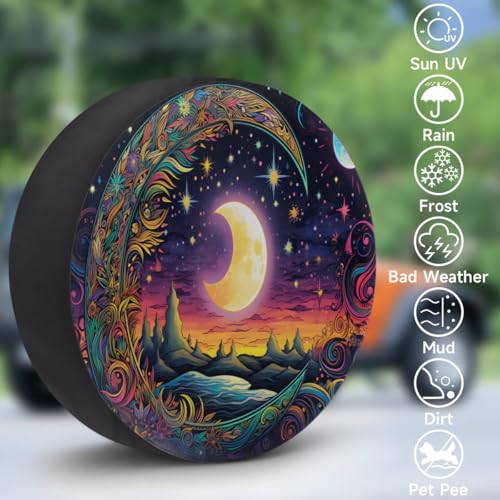 Image of Spare Tire Cover for RV Trailer, Bohemian Moon Tire Covers Universal Fit for Travel Trailer Camper Jeep RV SUV Truck Waterproof Wheel Cover (14 inch for Diameter 25 inch - 27 inch)