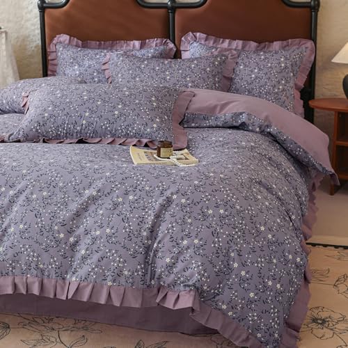 Image of VM VOUGEMARKET White Daisy Flower Duvet Cover Set Queen 100% Cotton Purple Ruffle Comforter Cover 3 Pcs Romantic Princess Bedding Duvet Cover with Zipper Ties 2 Pillow Shams