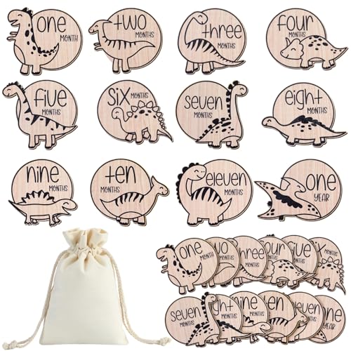 Image of Wesiti 12 Pcs Wooden Baby Milestone Cards with Linen Bag Monthly Milestone Marker Discs Signs Announcement Cards for Pregnancy Growth Baby Shower Gifts Newborn Photo Props(Dinosaur Style)
