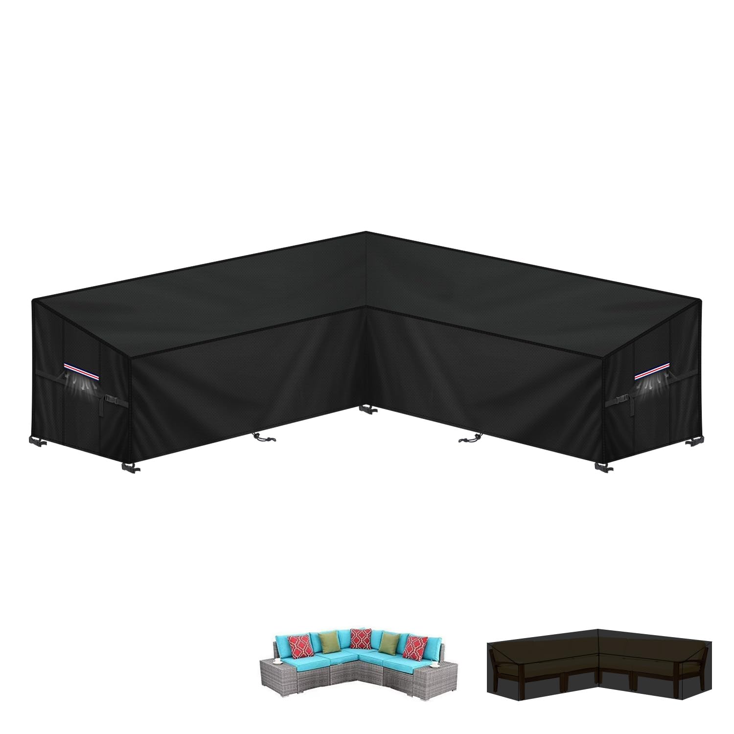 LAMUNI Gartenlounge Abdeckplane L-Form Loungemöbel Schutzhülle für Loungesofa Plane Loungemöbel l Form 420D Oxford Wasserdicht Abdeckung Gartenmöbel L Form Ecksofa Abdeckhaube, 217x217x87x80/60cm