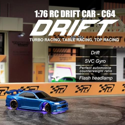 Image of Turbo Racing 1:76 Scale Drift RC Car, Mini Table Racing Model Car with 2.4G Remote Control & Gyro Full Proportional RTR for Adults Hobby Toys Gifts (C64-Blue)