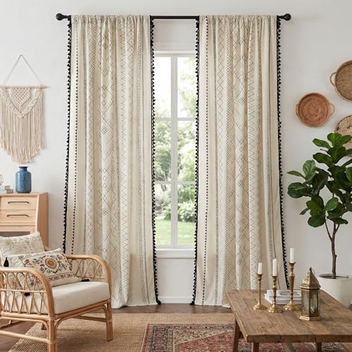 NICETOWN Thick Linen Blend Boho Chic Style Macrame Curtains, Rod