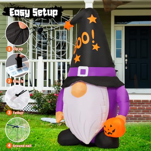Image of GOOSH 5 FT Halloween Inflatables Gnomes Outdoor Decorations Blow Up Yard Cute Gnomes Helding Pumpkin with Built-in LEDs for Garden Lawn Indoor Party Decor