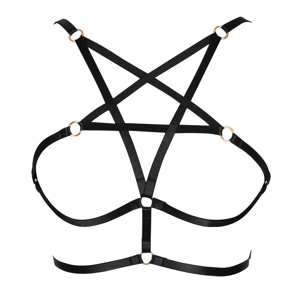 BANSSGOTHPentagram Harness Bra Women's Full cage Belt Punk Gothic Stretchy Fabric Photography Dance Festival Rave Plus Size
