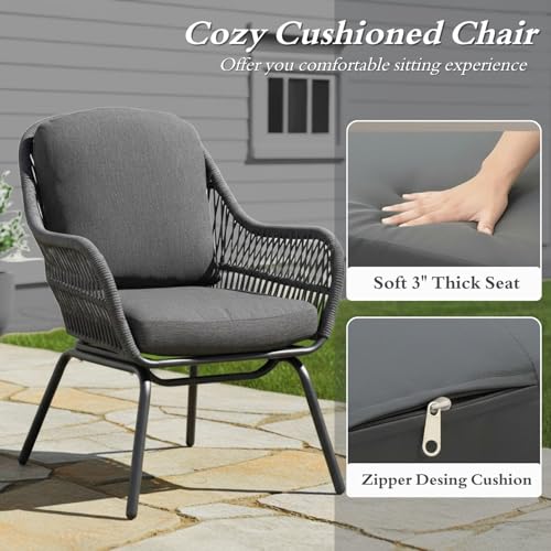 Image of DEVOKO 3 Piece Outdoor Conversation Set with Handwoven Rope Chairs & Waterproof Cushions in Grey - Perfect for Backyards & Gardens
