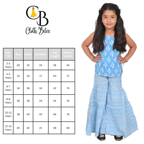 Image of Cotton Block Printed Sleeveless Sharara Set for Kids and Girls (Sky Blue, 6-7 Years)