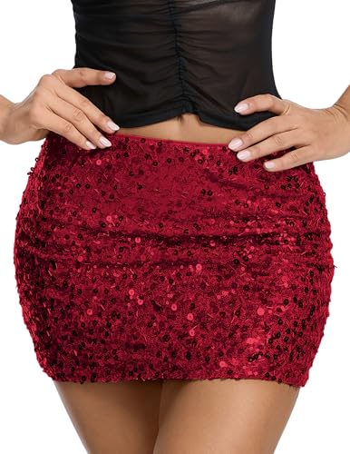 YYA Womens Sequin Mini Skirt Sparkling Bodycon Party Skirt Holiday Parties Outfit Red M