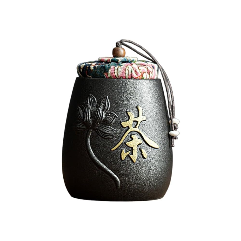 Kivrona Black Ceramic Tea Canister Auspicious Cloud Pattern Sealed Jar