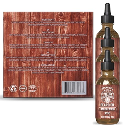 Image of Viking Revolution Sandalwood Beard Oil for Men - Natural Mens Beard Oil with Argan Oil and Jojoba Oil - Beard Softener, Strengthens and Moisturizes - Beard Conditioner for Men (Sandalwood, 3 Pack)