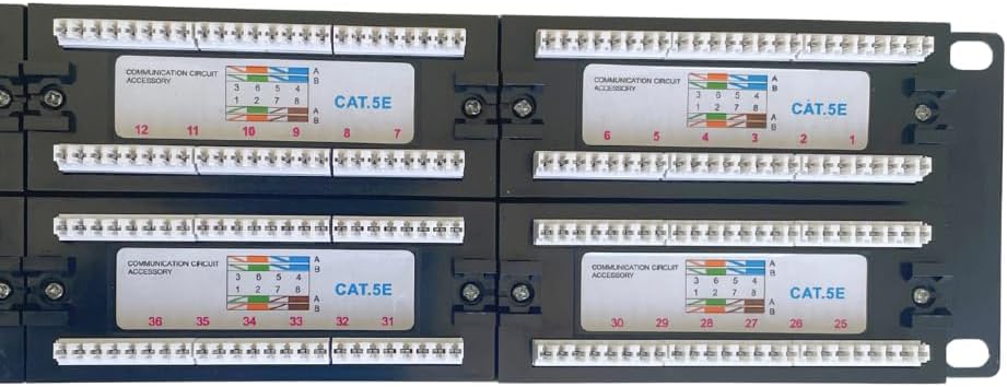 48-Port UTP Cat 5E Patch Panel, 110 IDC, Black (No Back Bar) Network Distribution Panel + Inline Coupler CAT 6 RJ45 Connector