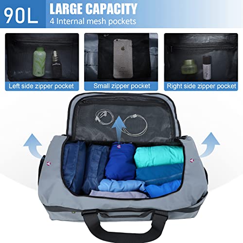 MIER Sporttasche Herren Wasserresistente Reisetasche groß Heavy Duty Convertible Sportrucksack mit Rucksackgurten und Schuhfach für Fitnessstudio, Sport, Reisen, Duffle Bag-Grau 90L
