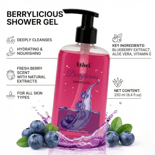 Image of Ethel Body Wash Refreshing Shower Gel for Deep Cleansing, Hydrating, Moisturising, Softer & Smoother Skin | Fruity Berry Fragrance (Berrylicious)