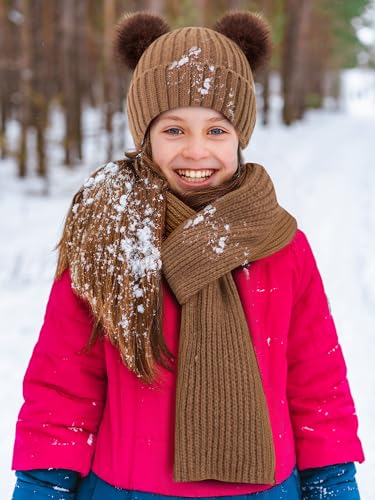 Image of JaGely 2 Sets Kids Winter Hat Gloves Scarf Set Girls and Boys Knit Hat with Pom Warm Scarf Snow Gloves for 3-10 Years Toddler