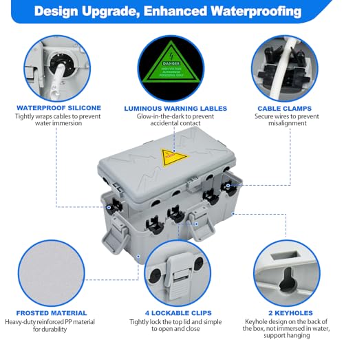 Image of Hrensaw Medium Outdoor Electrical Box(10.6x5.5x4.5inch),Weatherproof Connection Box w /6 Cable Entry,IP54 Waterproof Extension Cord Cover Protect Power Strip,Timer,Plug,Holiday Lights,Grey