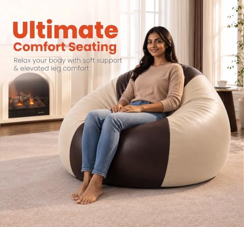 Image of Sattva Classic 2XL Bean Bag Chair with Beans Filled | Faux Leather Sofa Style Bin Bags with Beans Filling for Living Room | Comfortable Seating for Adults & Teens, Home & Office - Brown & Cream